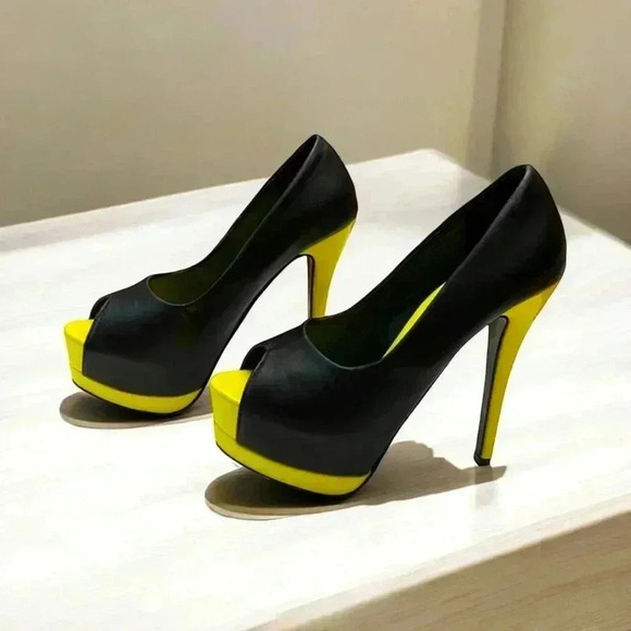 NWOT Wu Ning, Black & Yellow High-Heel Pole Dance Shoes, 39 👠 - Picture 1 of 9